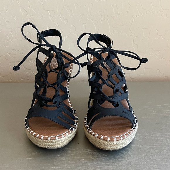 SO Kohls 6 Ketch Black Lace Up Jute Platform Wedge Espadrille Sandals Worn Once! - Picture 4 of 11